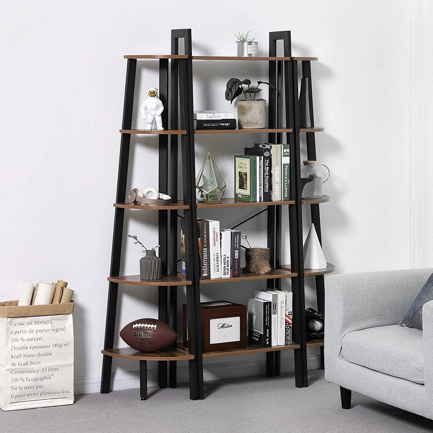 Boekenrek in vintage-stijl met vijf planken en een metalen frame 56 x 172 x 34 cm