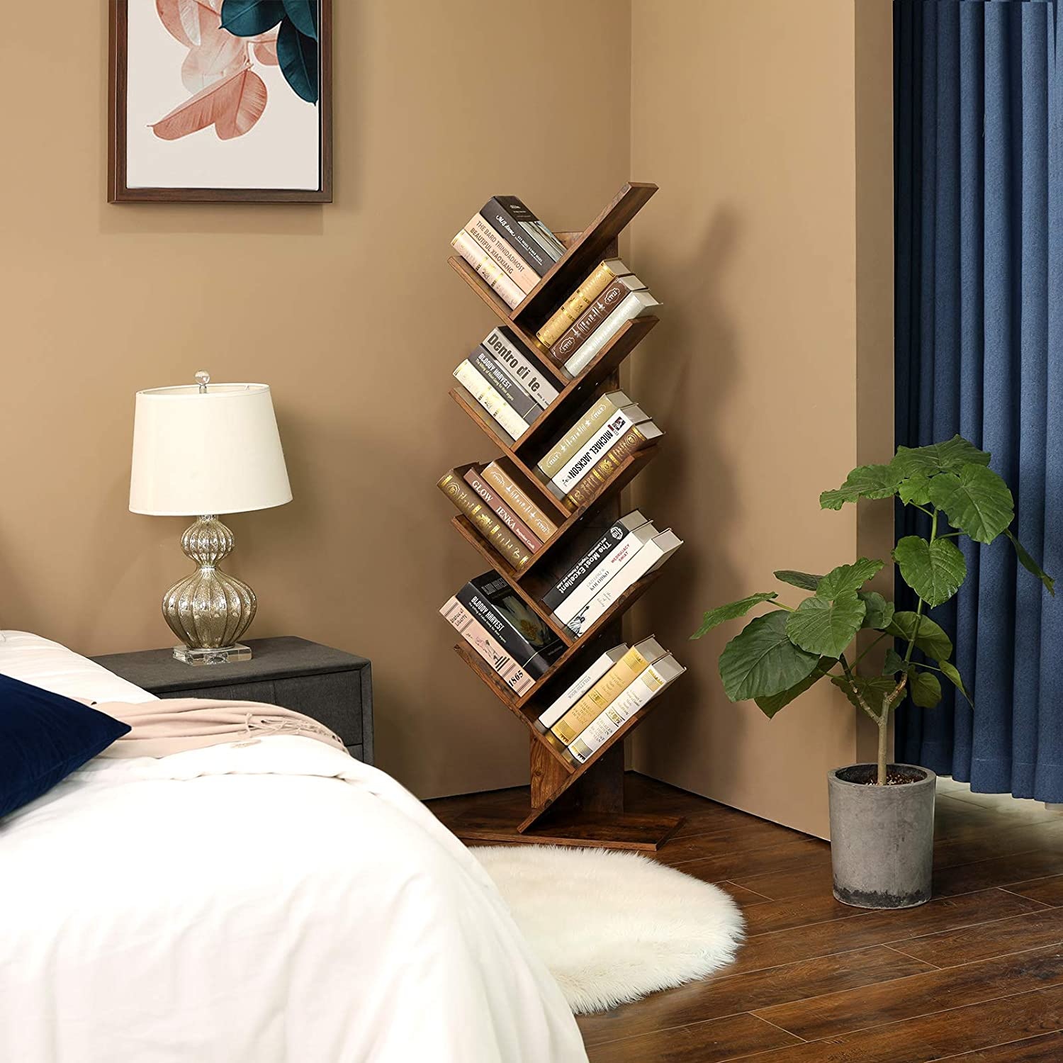 Boekenkast staande plank met 8 niveaus in boomvorm - vintage donkerbruin