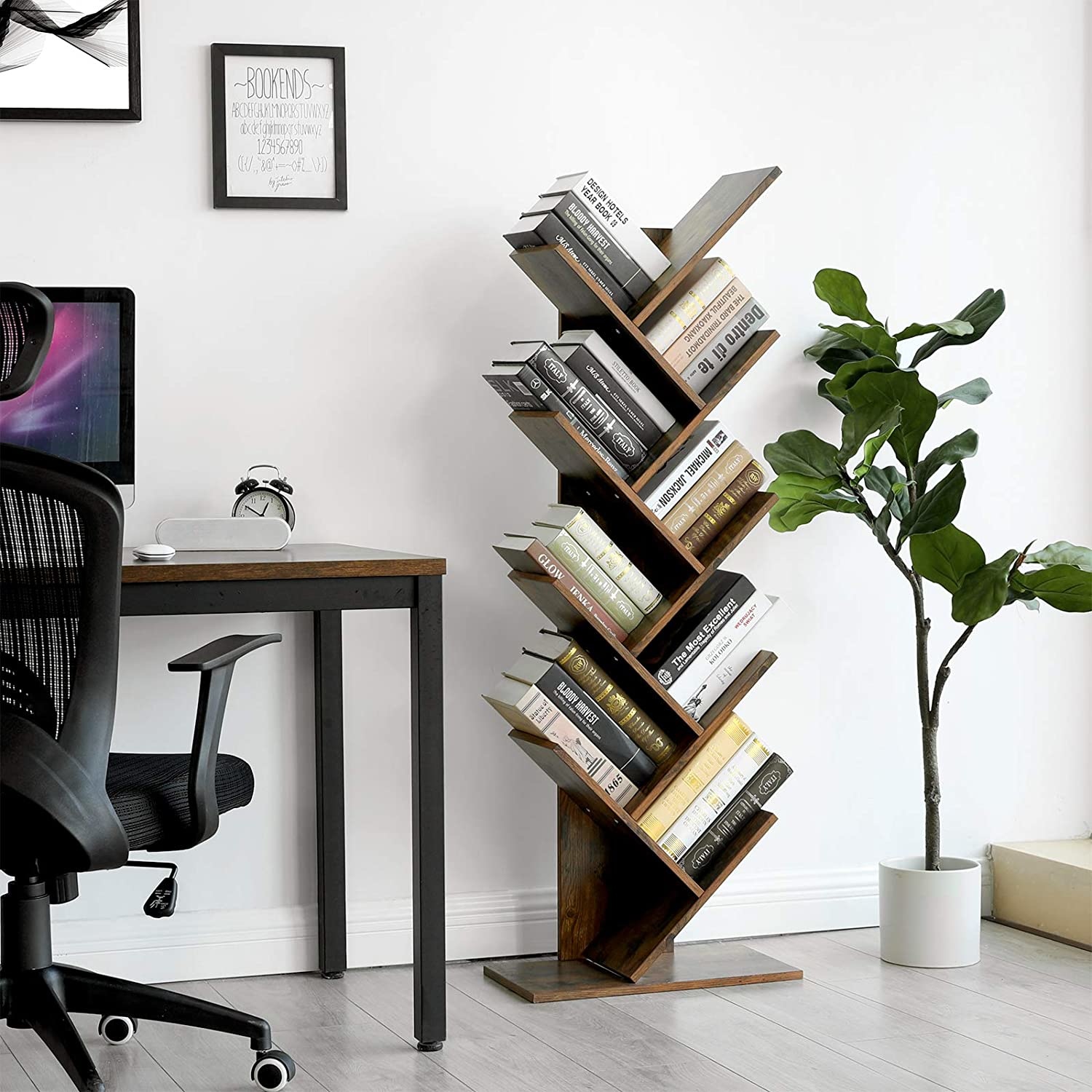 Boekenkast staande plank met 8 niveaus in boomvorm - vintage donkerbruin