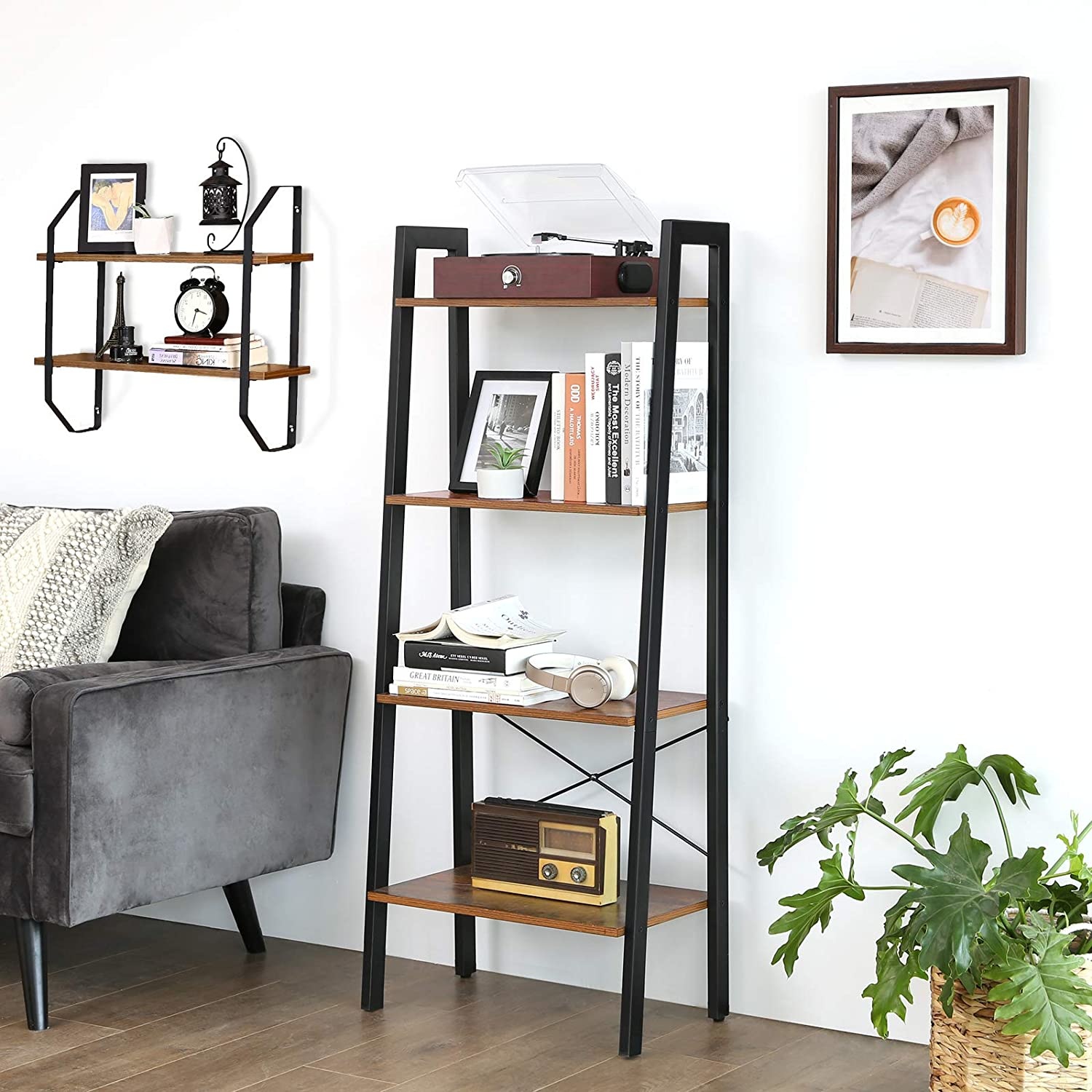 Boekenrek in vintage-stijl met vijf planken en een metalen frame 56 x 172 x 34 cm
