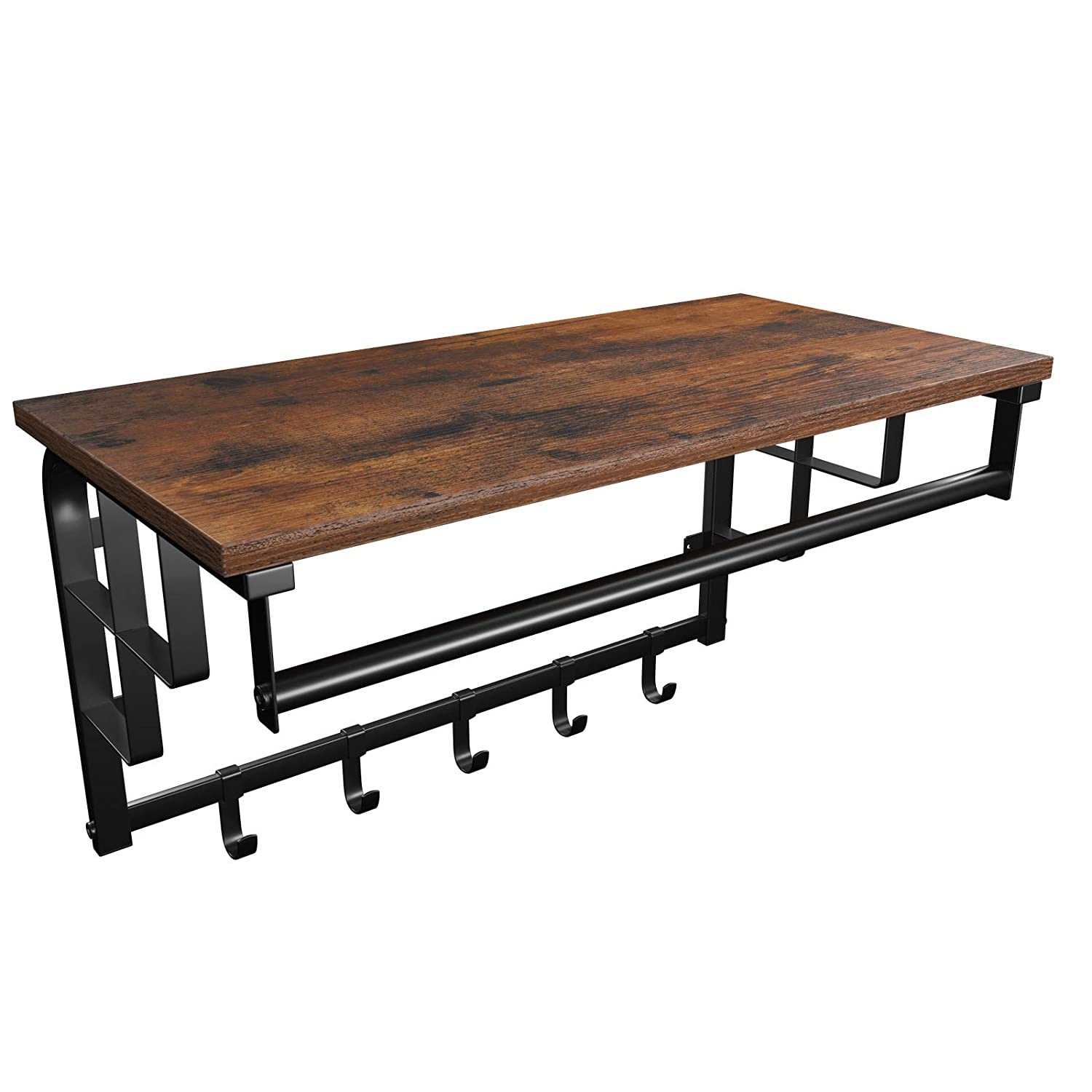 Wandrek met 5 haken en plank industrieel ontwerp - vintage zwart bruin