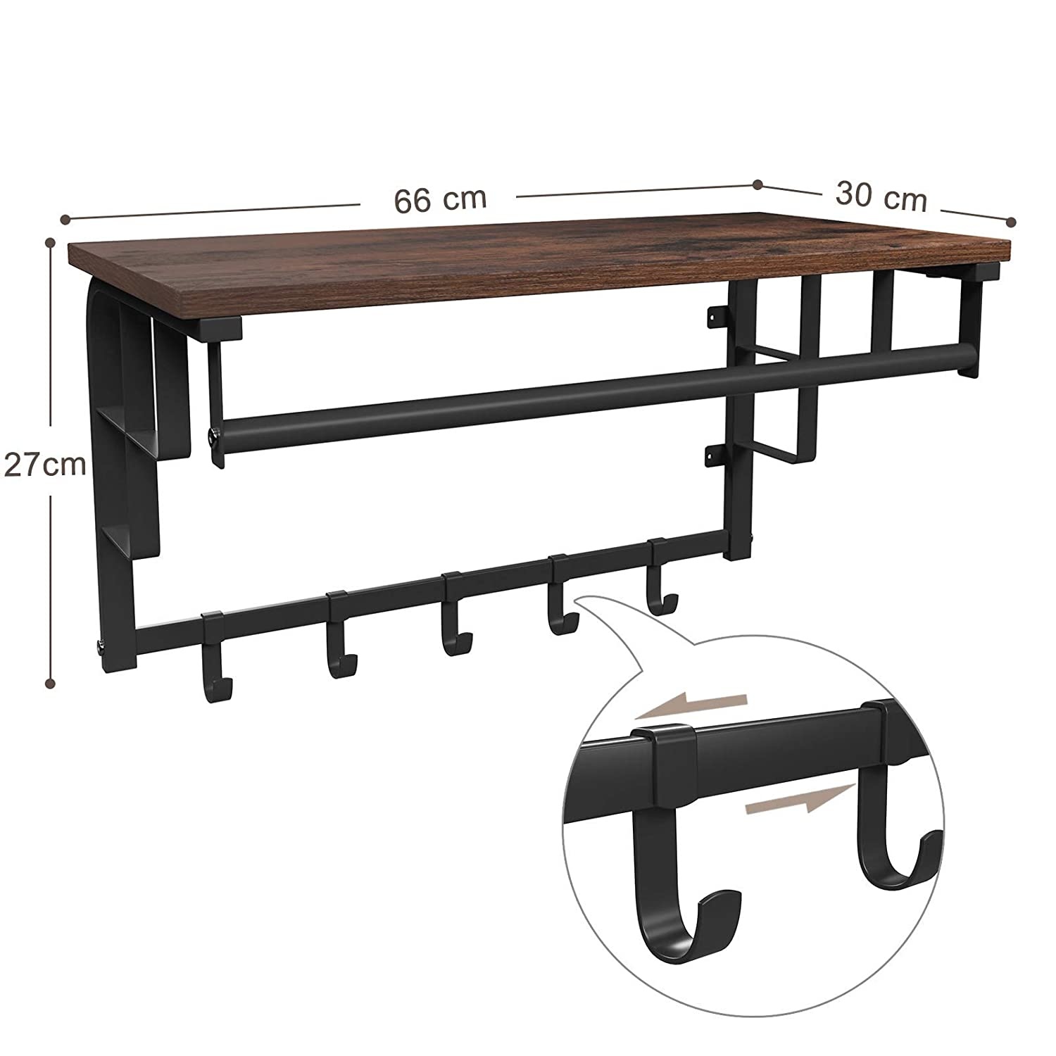 Wandrek met 5 haken en plank industrieel ontwerp - vintage zwart bruin