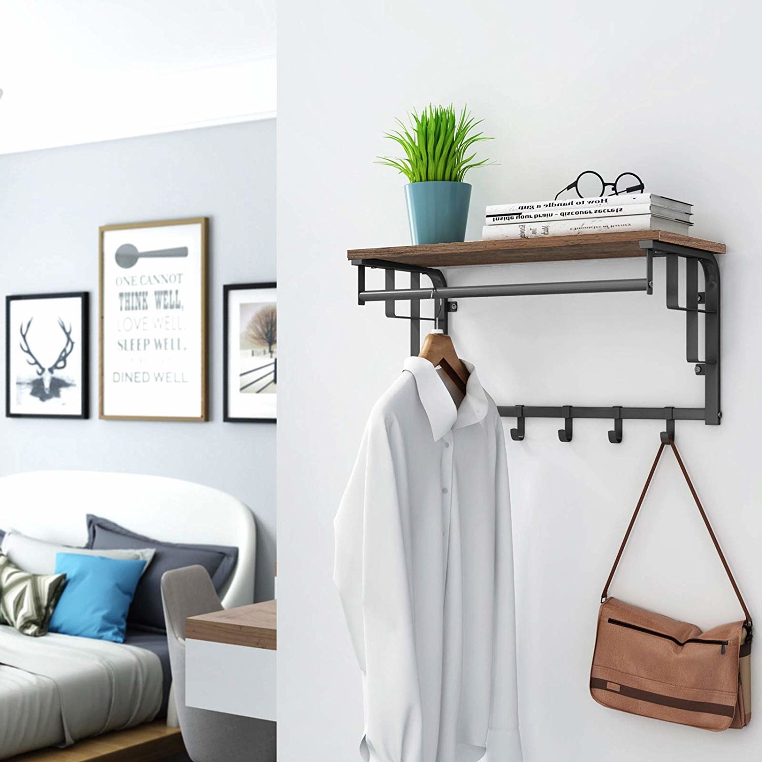 Wandrek met 5 haken en plank industrieel ontwerp - vintage zwart bruin