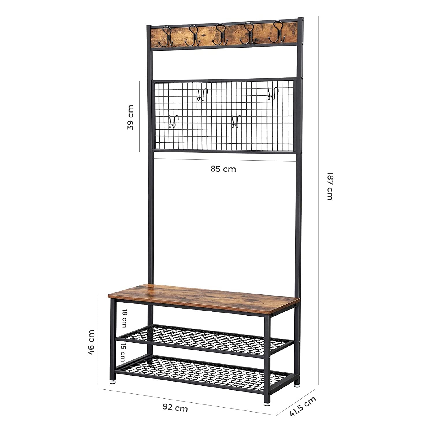 Kapstok met bankje industrieel design - garderobe met 9 garderobehaken en schoenenrek
