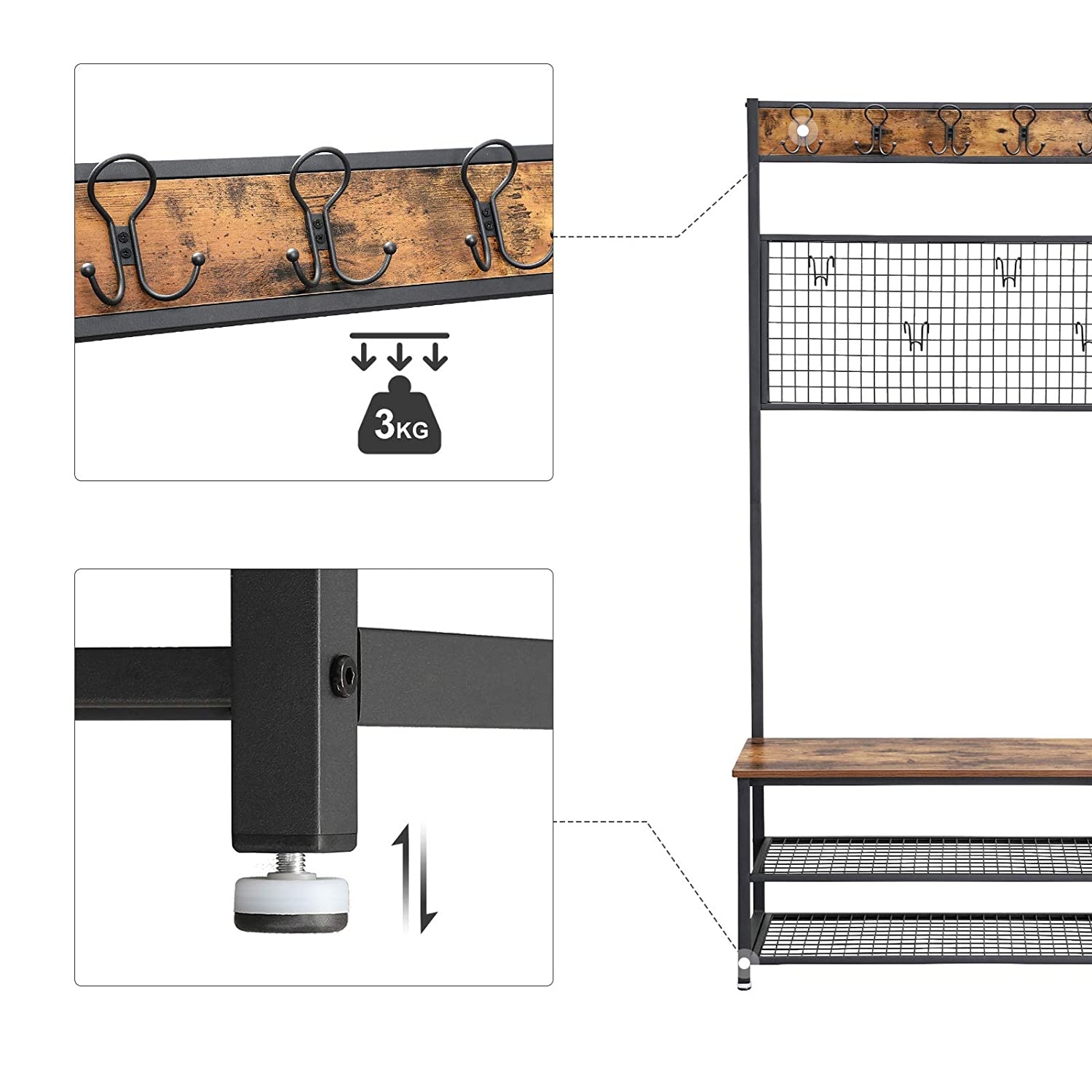Kapstok met bankje industrieel design - garderobe met 9 garderobehaken en schoenenrek