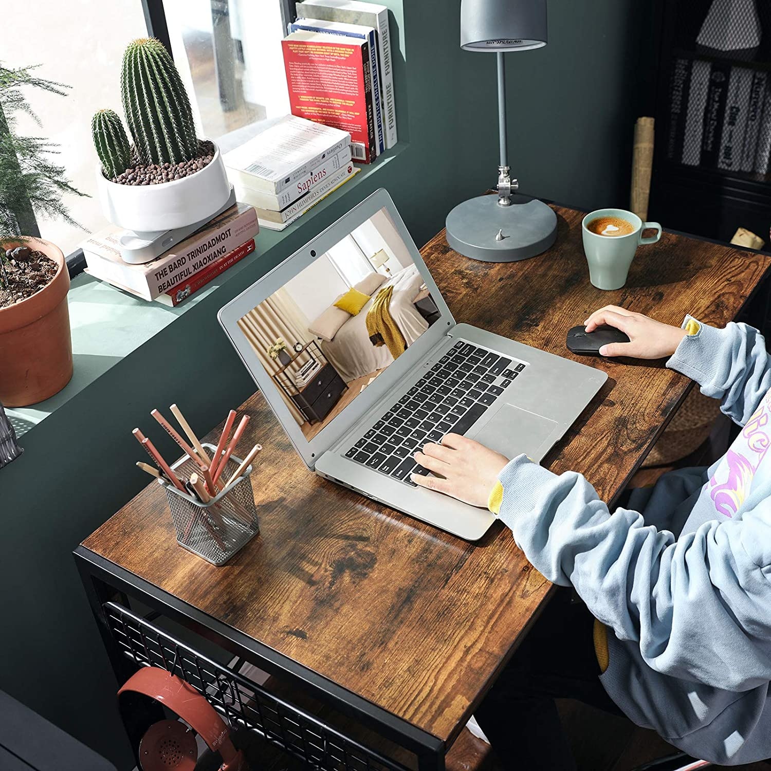 Computertafel vintage bruin-zwart opklapbaar bureau met 8 haken