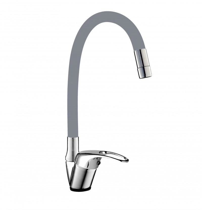 Keukenmengkraan met grijze staande flexibele slang chroom