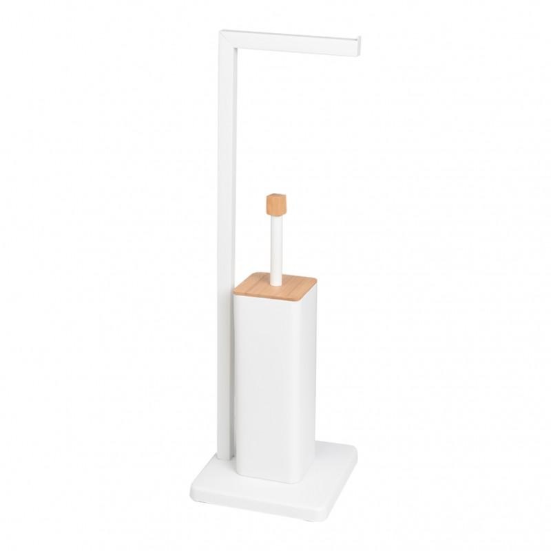WC rolhouder staand met toiletborstel - 20x64cm - wit bamboe