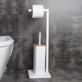 WC rolhouder staand met toiletborstel - 20x64cm - wit bamboe