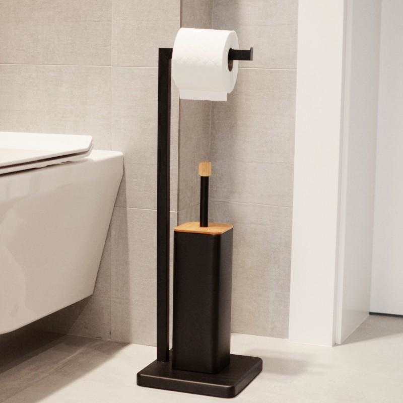 WC rolhouder staand met toiletborstel - 20x64cm - zwart bamboe
