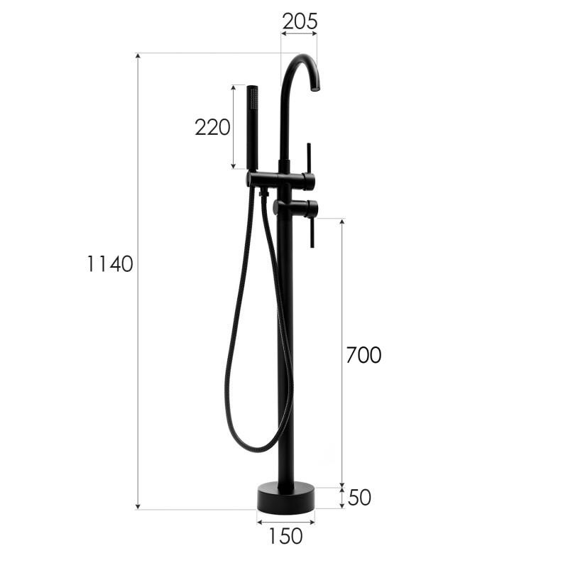 Vrijstaande badkraan - zwart - met handdouche - 114 cm hoog