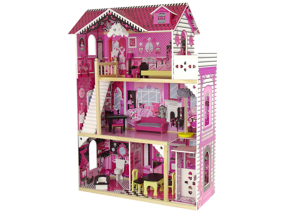 Houten poppenhuis - Pola - met meubels - 82x118 cm - roze
