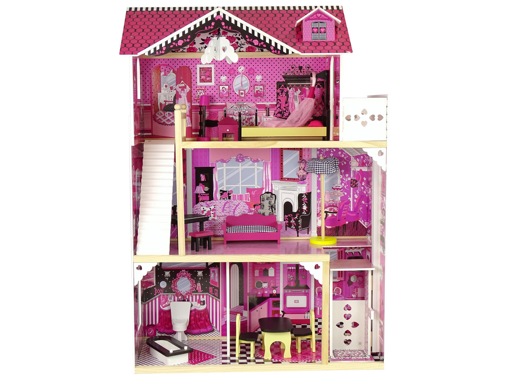 Houten poppenhuis - Pola - met meubels - 82x118 cm - roze