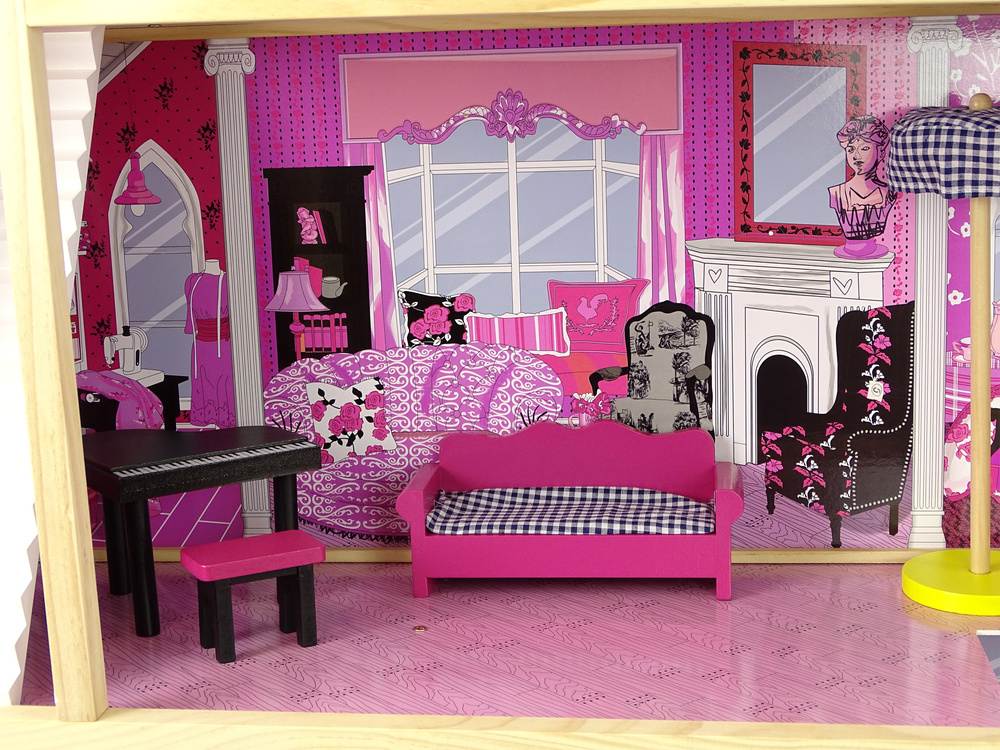Houten poppenhuis - Pola - met meubels - 82x118 cm - roze