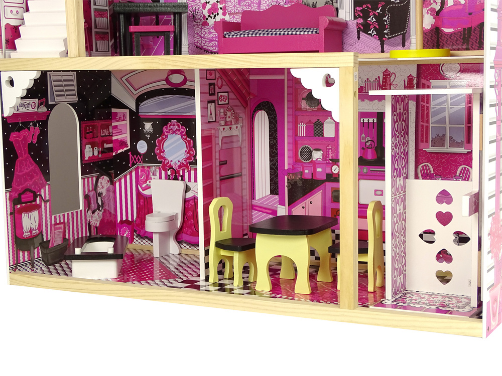 Houten poppenhuis - Pola - met meubels - 82x118 cm - roze