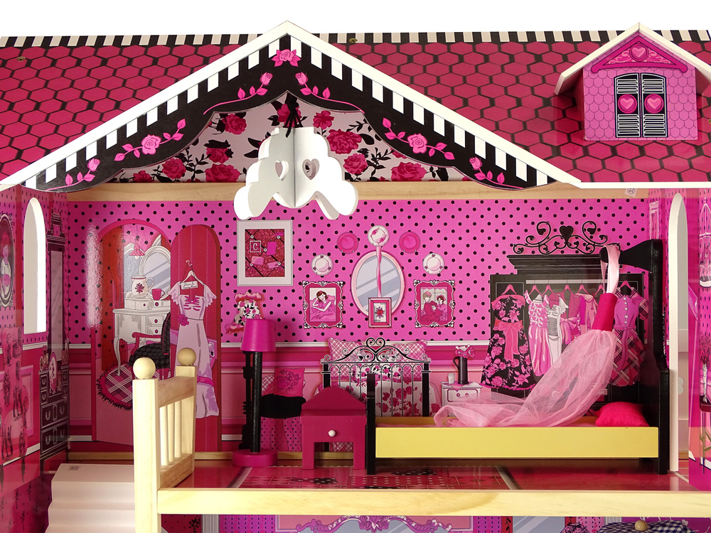 Houten poppenhuis - Pola - met meubels - 82x118 cm - roze