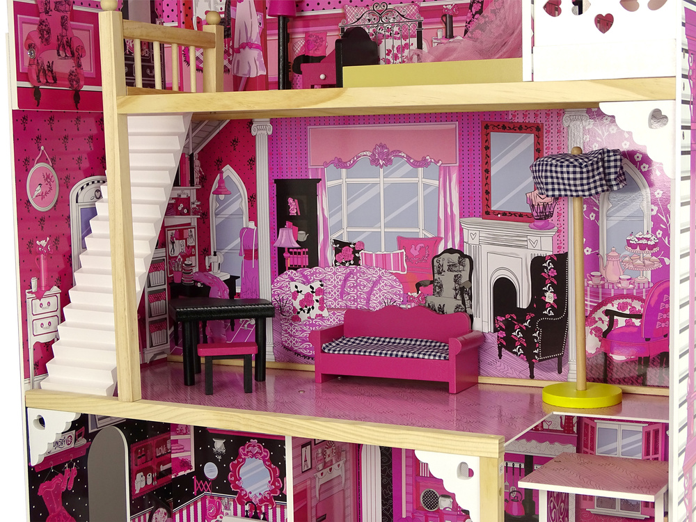 Houten poppenhuis - Pola - met meubels - 82x118 cm - roze
