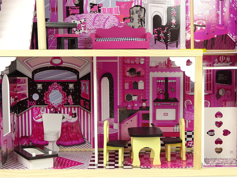 Houten poppenhuis - Pola - met meubels - 82x118 cm - roze