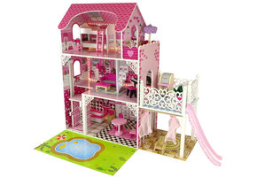 Houten poppenhuis - Villa Nadia - met meubels - 87x90 cm - roze