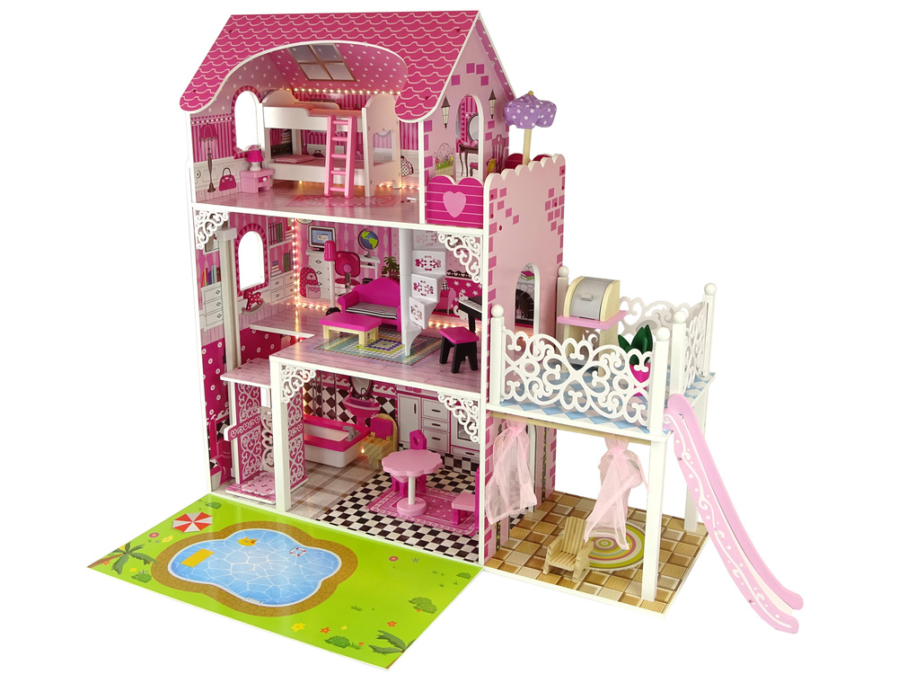Houten poppenhuis - Villa Nadia - met meubels - 87x90 cm - roze