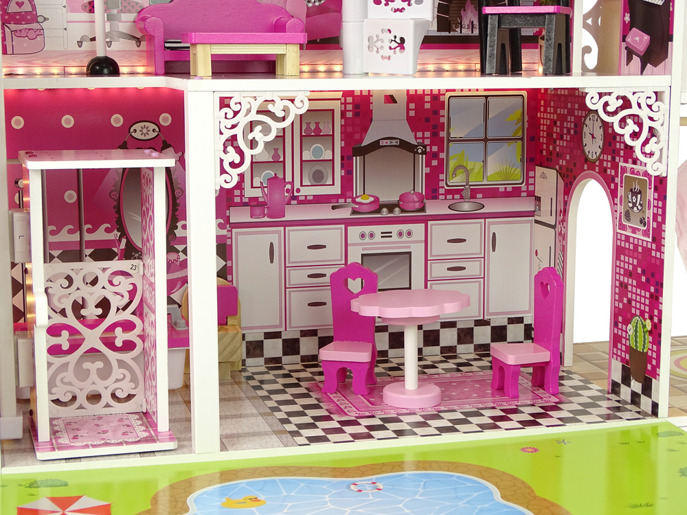 Houten poppenhuis - Villa Nadia - met meubels - 87x90 cm - roze