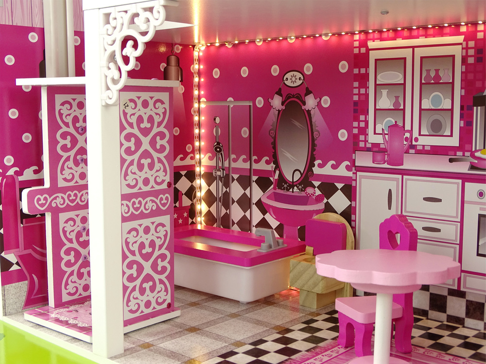 Houten poppenhuis - Villa Nadia - met meubels - 87x90 cm - roze