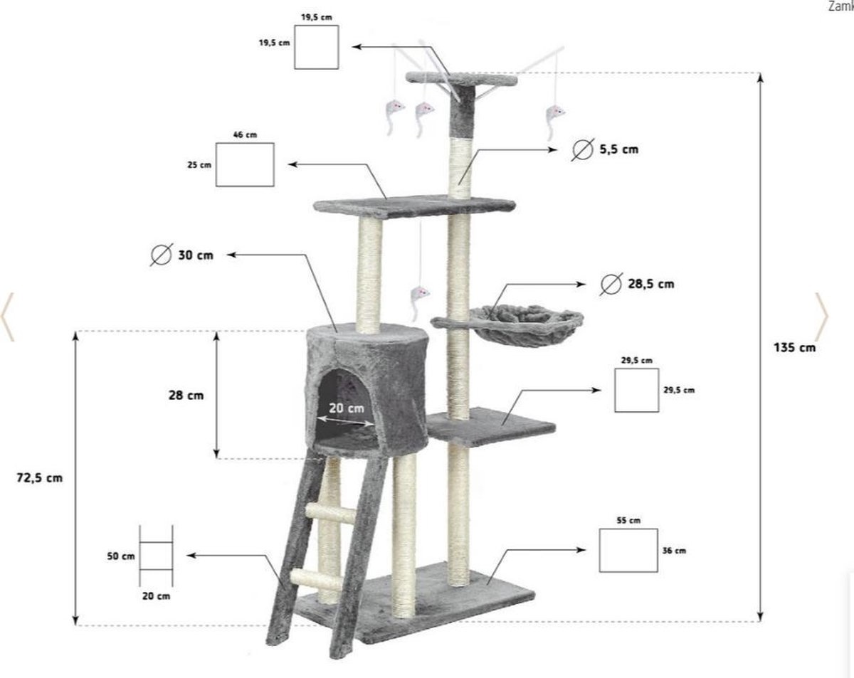 Krabpaal kattenboom XXL 135 x 97 x 55 cm grijs