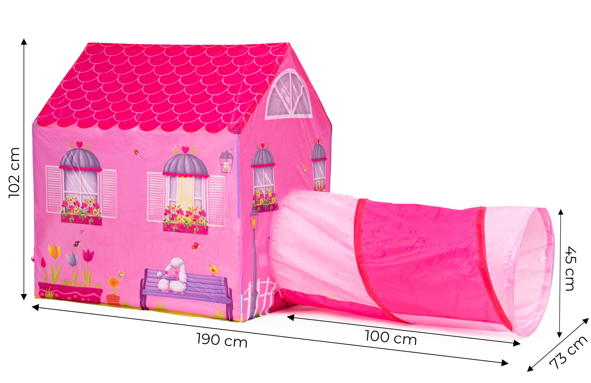 Speeltent - huis - met tunnel - 190x73x102 cm - roze