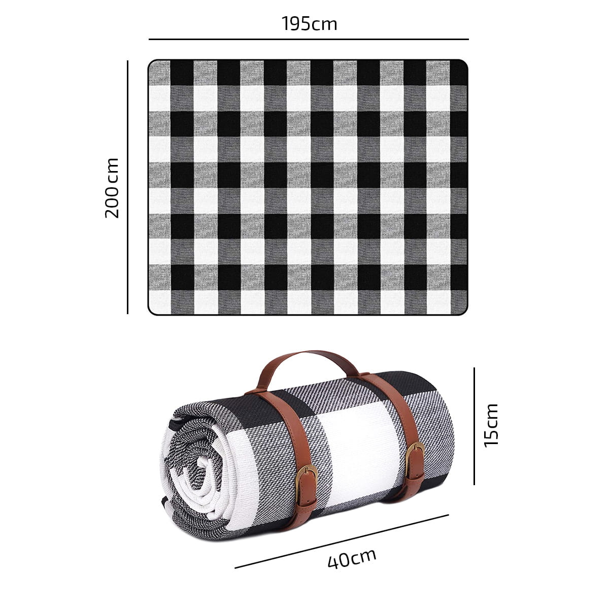 Picknickkleed - waterdicht - 195x200 cm - zwart wit - geruit