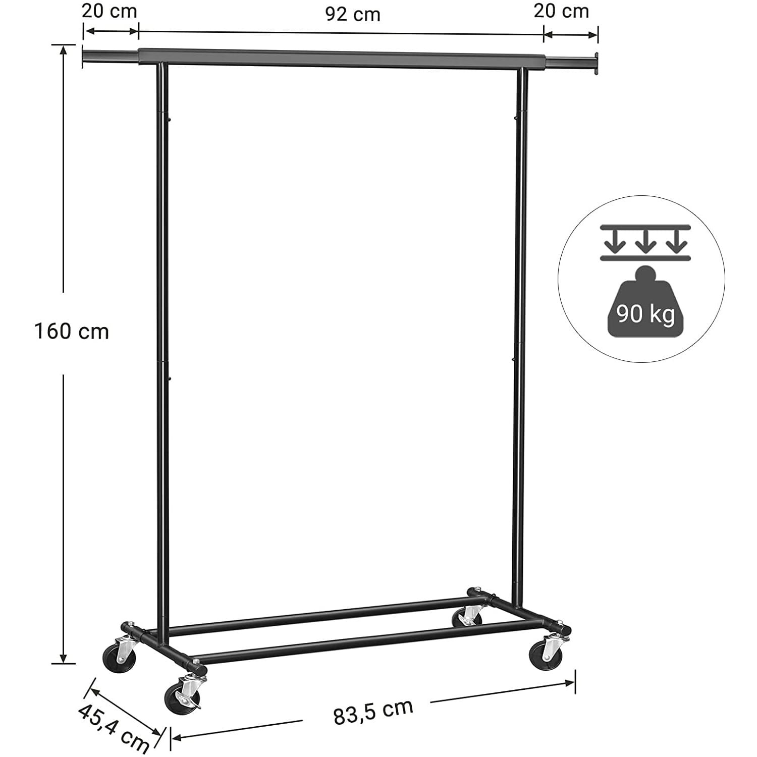 Kledingrek op wielen - 92-132x45,4x160cm - tot 90 kg - zwart