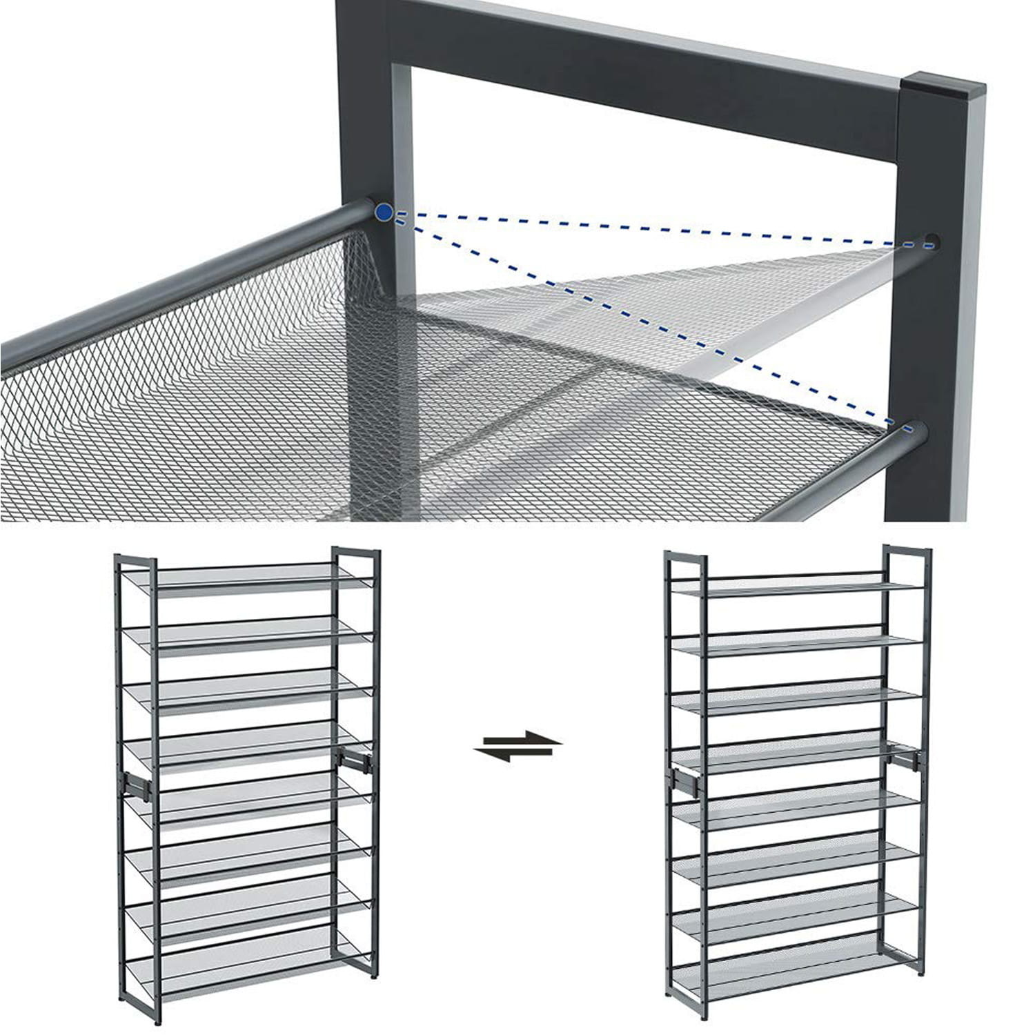 Schoenenrek - metaal - 8 schappen - 92,5x30,7x163,5 cm - grijs