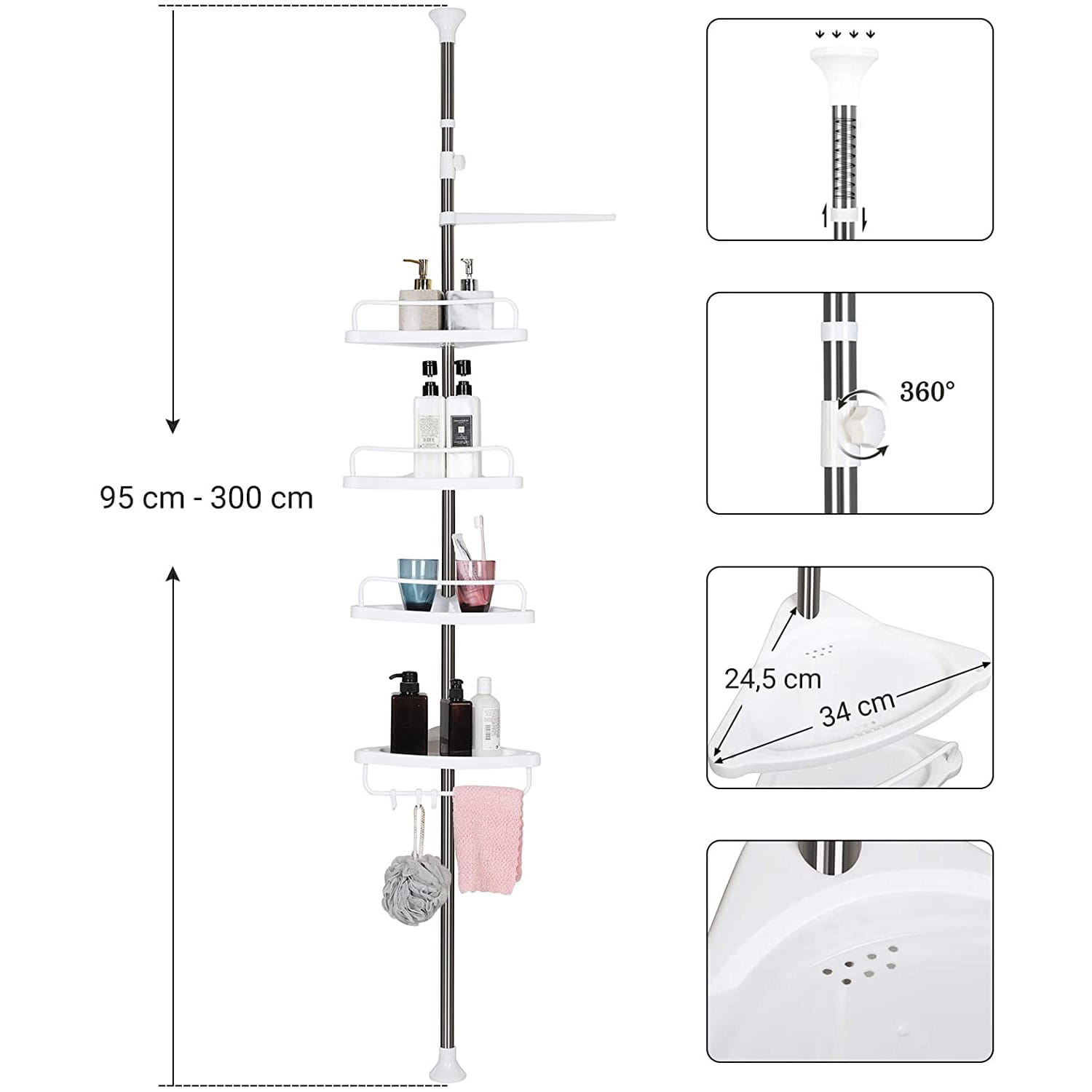Telescopisch doucherek - badkamer rekje - 95 tot 300 cm - wit