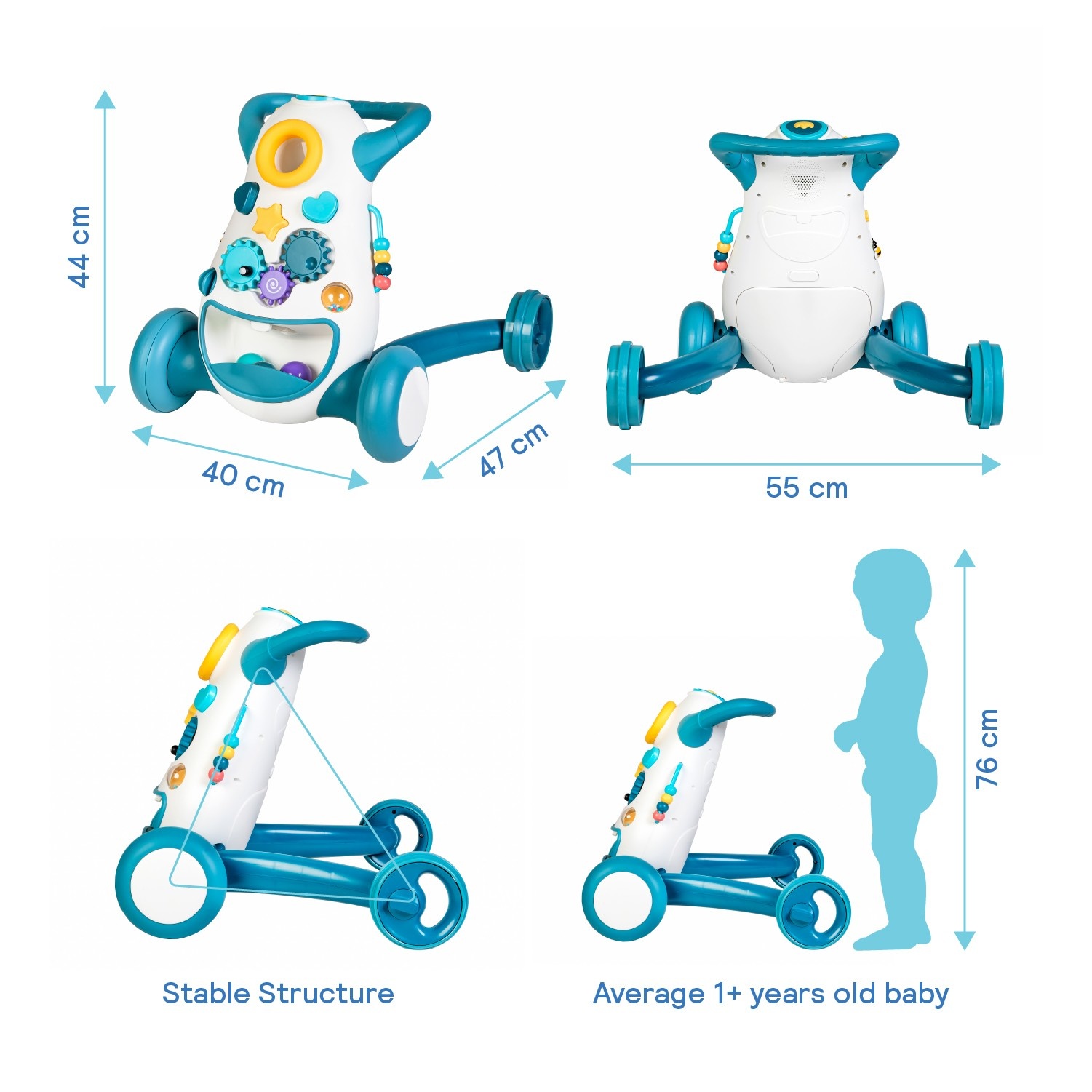 Loopwagen baby - looprek - 4 wielen - 45x56x44 cm - blauw