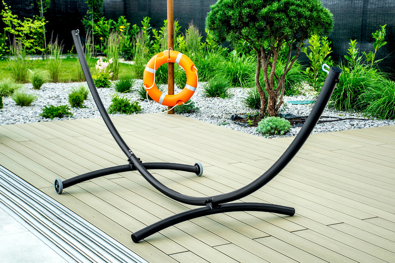 Hangmat standaard - met wielen - 380x130x125 cm - zwart