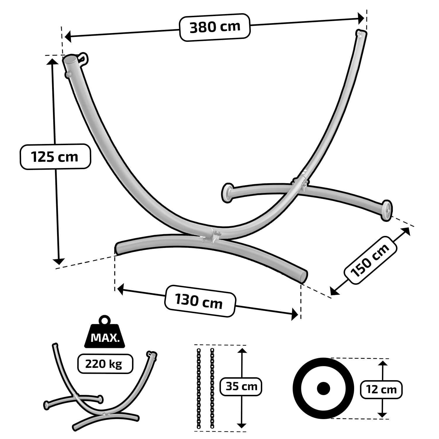 Hangmat standaard - met wielen - 380x130x125 cm - antraciet
