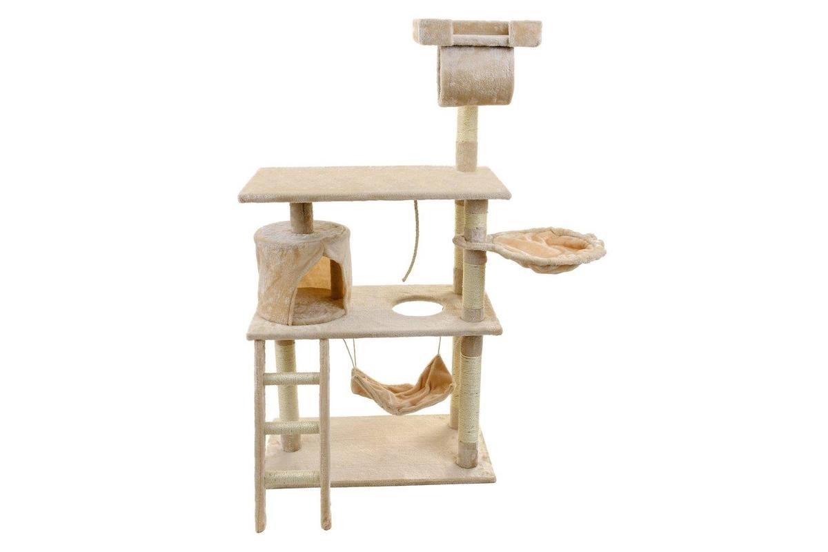 Krabpaal & speelhuis - katten - beige - 140 cm hoog - met hangmat