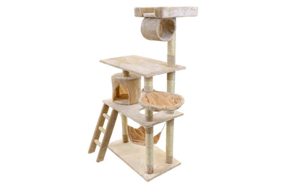 Krabpaal & speelhuis - katten - beige - 140 cm hoog - met hangmat