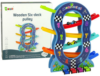 Houten racebaan - 4 speelgoedautos - getallen leren - 30x8x33 cm