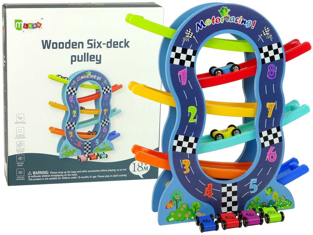Houten racebaan - 4 speelgoedautos - getallen leren - 30x8x33 cm