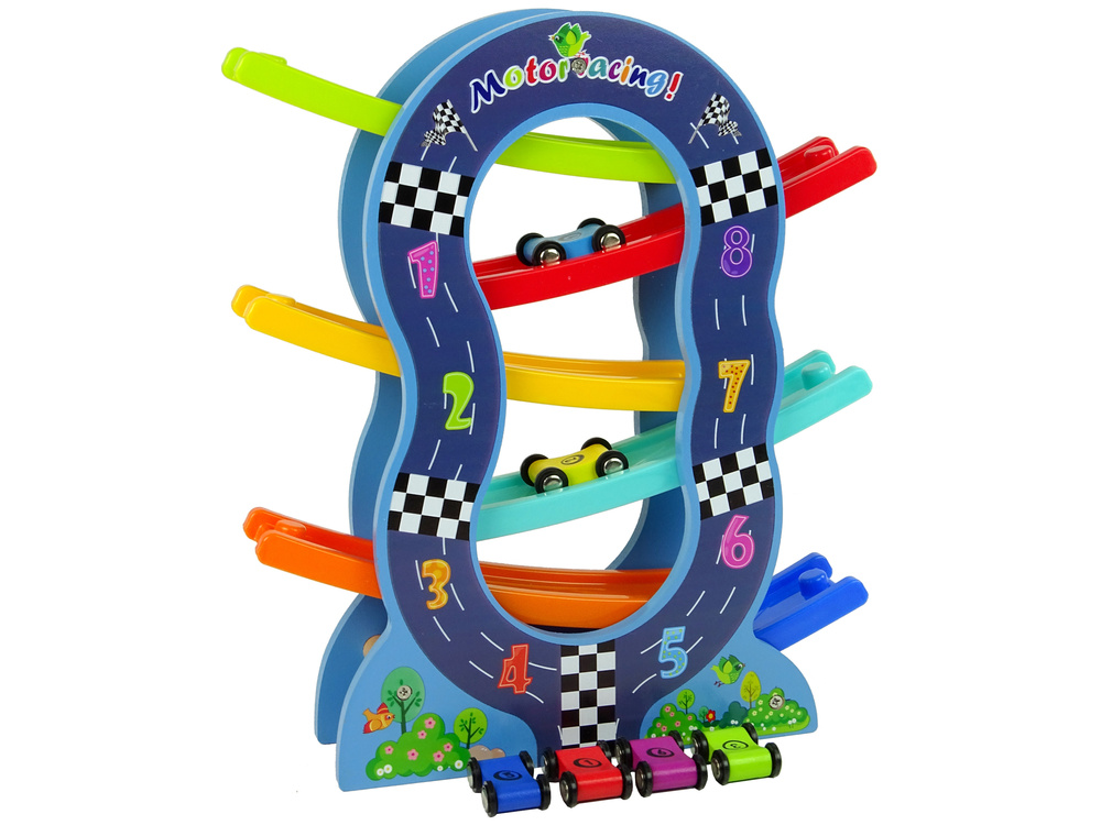 Houten racebaan - 4 speelgoedautos - getallen leren - 30x8x33 cm