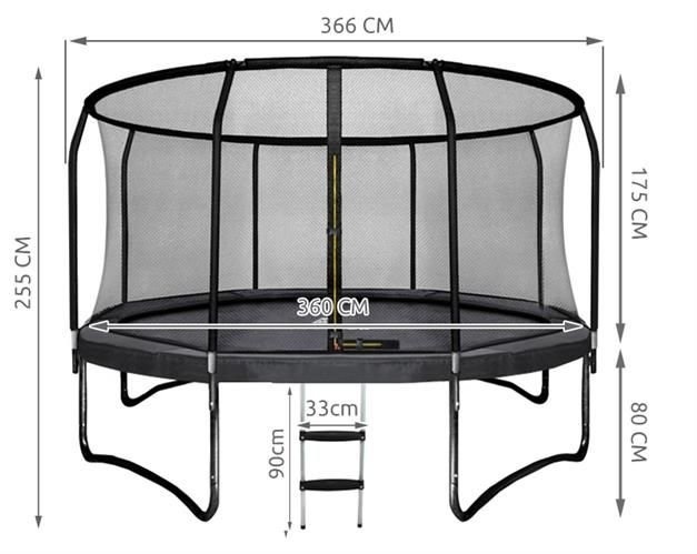 Trampoline - 366 cm - met net en ladder - tot 150 kg - zwart