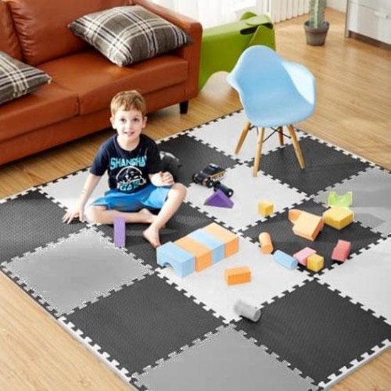 Puzzel speelmat voor kinderen - 9 stukken - 180x 180 - wit, grijs & zwart