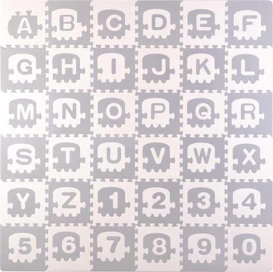 Puzzel speelmat voor kinderen - alfabet, cijfers & treinen - 180x180 cm - grijs & wit