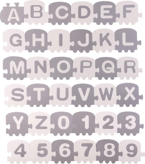 Puzzel speelmat voor kinderen - alfabet, cijfers & treinen - 180x180 cm - grijs & wit