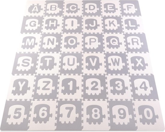 Puzzel speelmat voor kinderen - alfabet, cijfers & treinen - 180x180 cm - grijs & wit