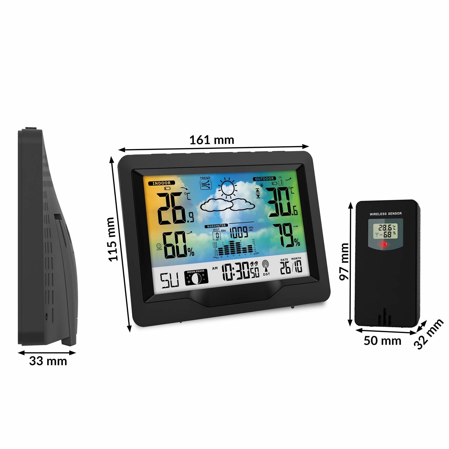 Weerstation - met buitensensor - kleuren display - 16x3x11,5 cm