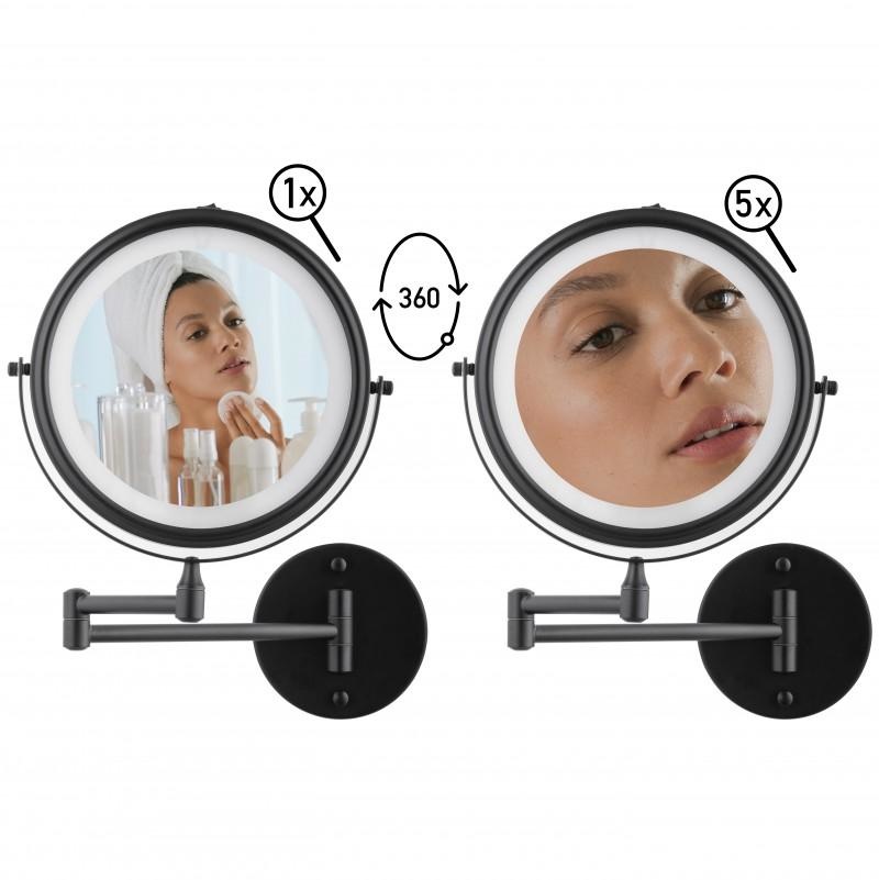 Make up spiegel met licht - zwart - rond 20 cm - met knikarm