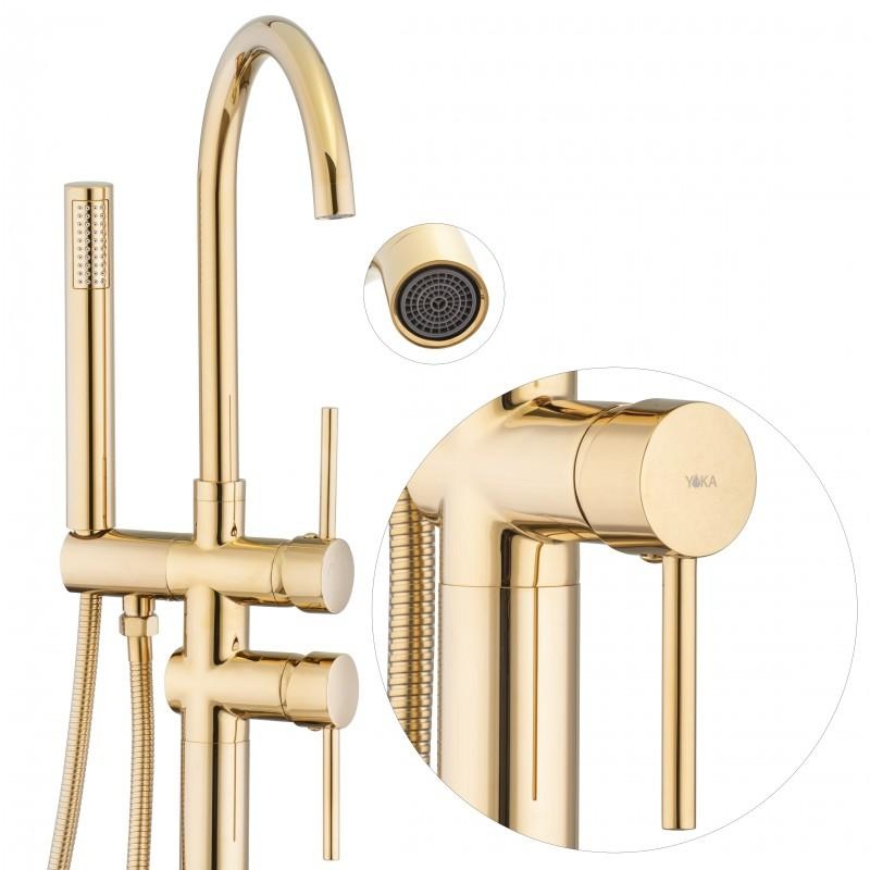 Vrijstaande badkraan - goud - met handdouche - 114 cm hoog