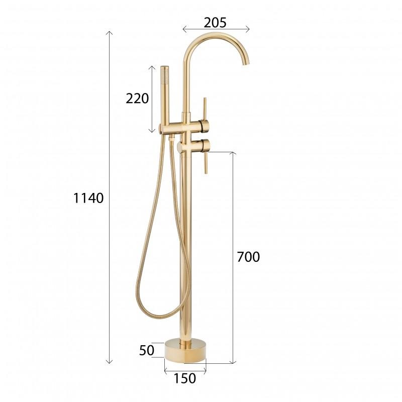 Vrijstaande badkraan - goud - met handdouche - 114 cm hoog