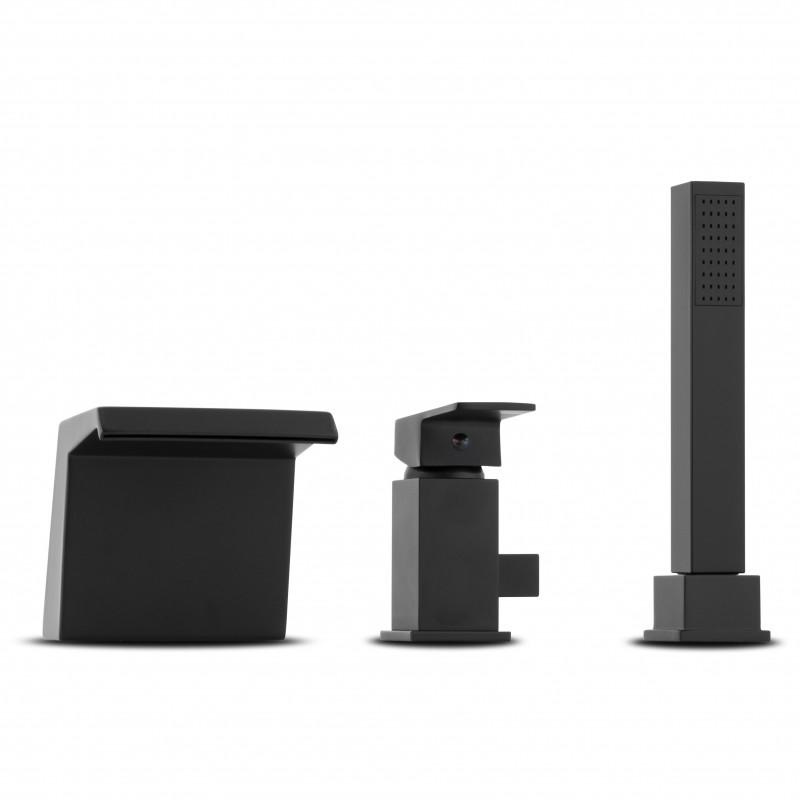 Badkraan met handdouche - en waterval uitloop - 3-gats - zwart